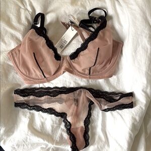 NWT Fleur du mal.sheer tulle tulip Bra 36 DD & Thong sz 3